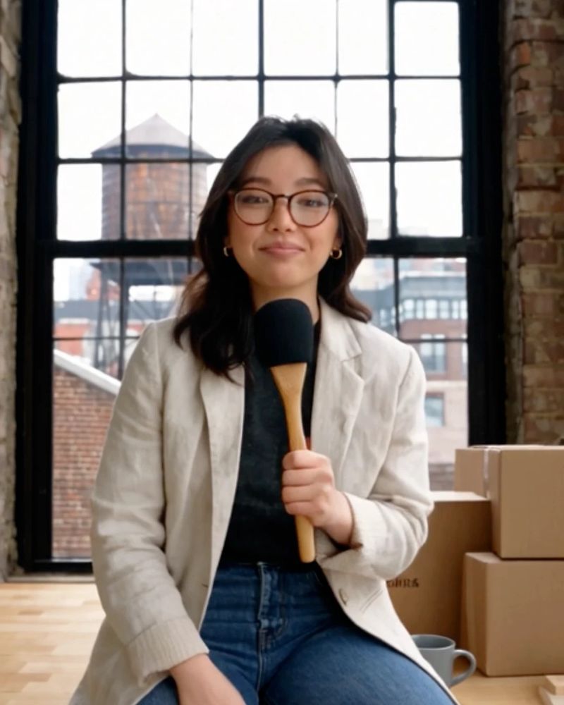 Maya, Rizzen's AI ambassador, sitting in a brick loft holding a microphone